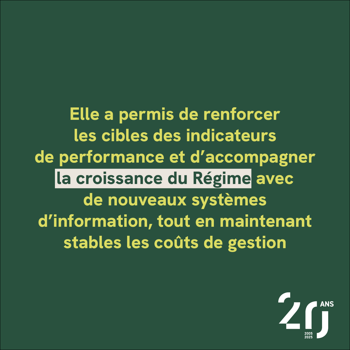 Elle a permis de renforcer les cibles des indicateurs de performance et d’accompagner la croissance du Régime avec de nouveaux systèmes d’information, tout en maintenant stables les coûts de gestion
